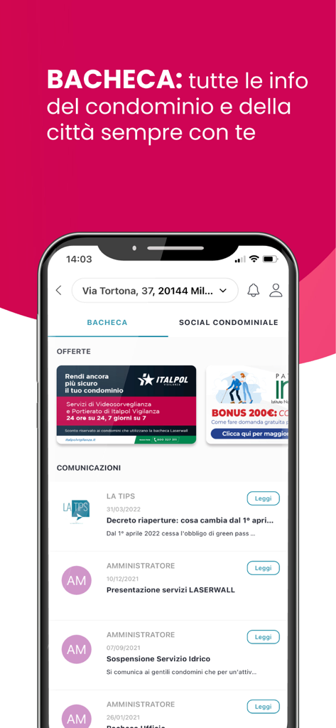 Laserwall - Laserwall app screen showing building notices and local discounts.