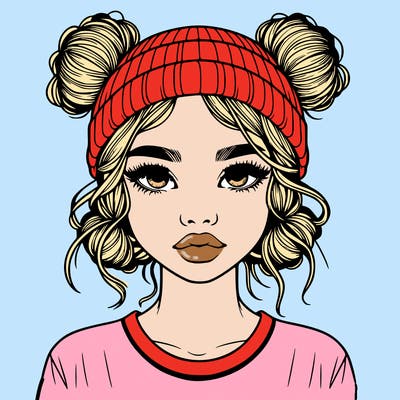 realistic girl with buns in her hair with a beanie on