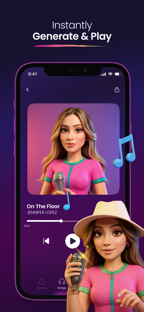 Mobile interface of the Coverly app displaying the playback of an AI generated song cover with a character avatar.