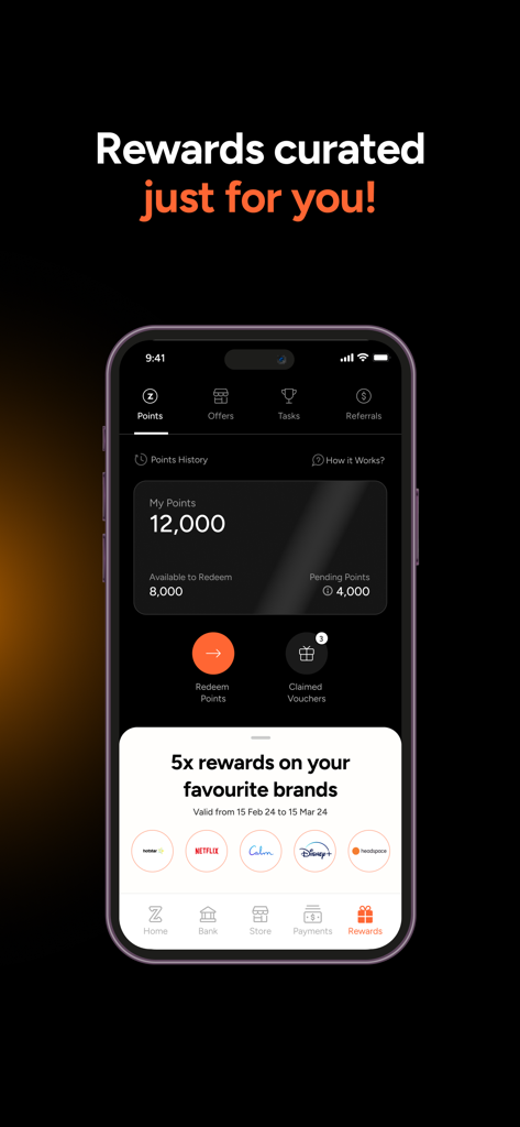 Zolve - Global Banking - Mobile app interface of Zolve showing user rewards points and cashback offers for popular brands like Netflix and Disney Plus