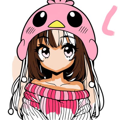 anime girl with chick shaped hat with sweater with bare shoulders with bangs covering them one eye with low tail