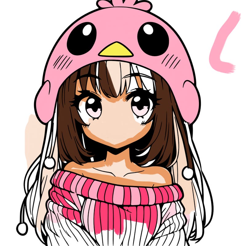 anime girl with chick shaped hat with sweater with bare shoulders with bangs covering them one eye with low tail