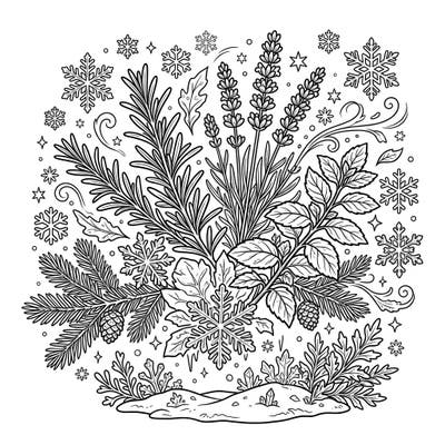 Immerse yourself in the calming blend of fragrant herbs and the serene beauty of winter with this captivating coloring page. Discover intricate details of rosemary, lavender, and mint, all nestled within a magical landscape of delicate snowflakes.