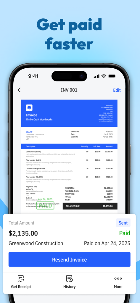 Tiny Invoice - Invoice Maker - A professional invoice on the Tiny Invoice mobile app showing a paid status stamp and detailed line items for a construction project.