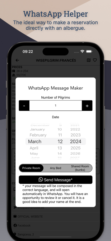 Wise Pilgrim All Caminos - WhatsApp message maker for booking pilgrim hostels on the Camino.