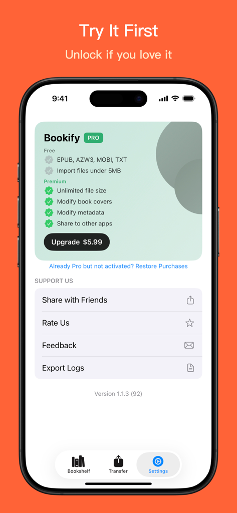 Bookify: Send to Kindle - Pantalla de configuración de la aplicación Bookify que muestra los beneficios de las funciones premium y la opción de actualización.