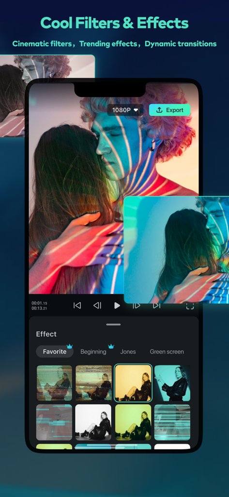Interface de l'application Filmora HD montrant une sélection de filtres cinématographiques et d'effets vidéo
