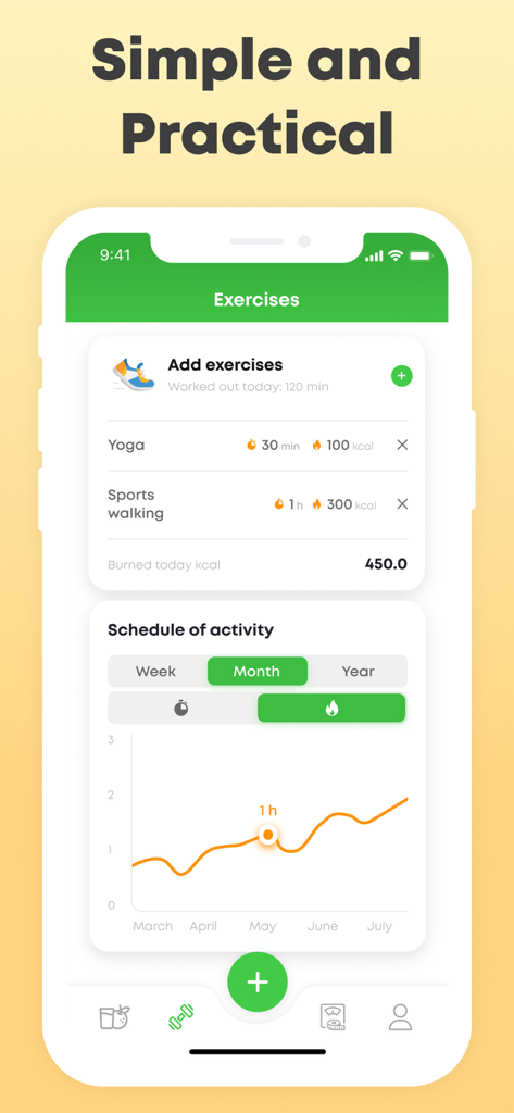 ScanFood app interface showing exercise logs for yoga and walking with a monthly activity progress chart