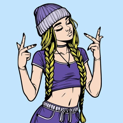 realistic teenage girl with braids and a beanie and crop top doing 🫶🏼