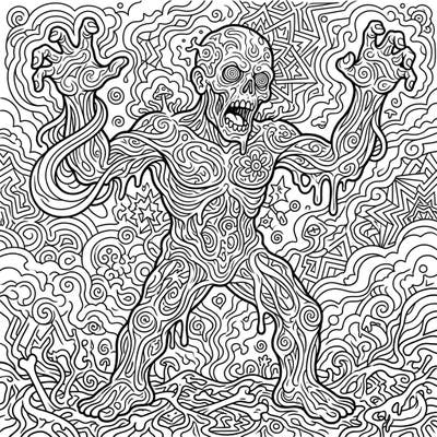 Embark on a wild coloring journey with this giant psychedelic zombie design, featuring intricate swirls and surreal patterns. Unleash your creativity on this monstrous, trippy masterpiece, perfect for artists seeking a unique challenge.