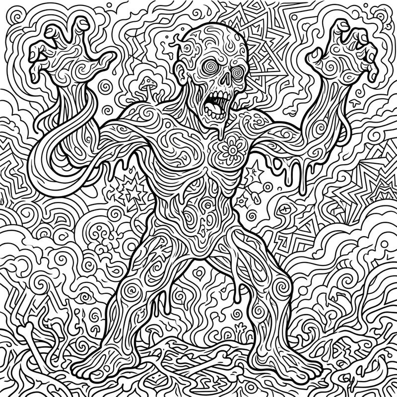 Embark on a wild coloring journey with this giant psychedelic zombie design, featuring intricate swirls and surreal patterns. Unleash your creativity on this monstrous, trippy masterpiece, perfect for artists seeking a unique challenge.