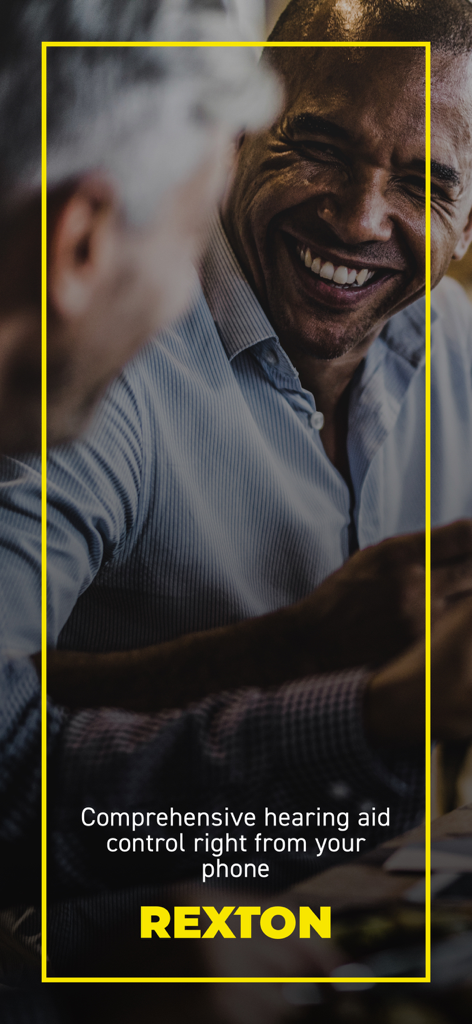 Rexton App - Smiling man in social setting with text explaining comprehensive hearing aid control via smartphone for the Rexton App