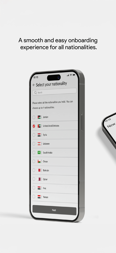 スマートフォンに、オンボーディング中のQawnアプリの国籍選択画面が表示されています。