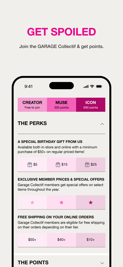 Garage: Online Fashion - Garage Collectif loyalty program screen displaying membership tiers and rewards