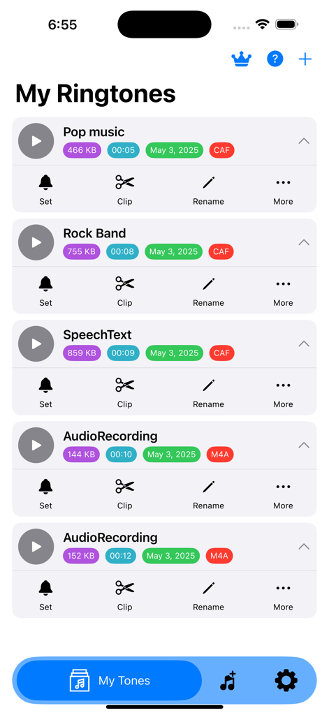 Set Ringtone - Lista de tonos de llamada guardados en la aplicación Set Ringtone con opciones para configurar el clip y renombrar archivos