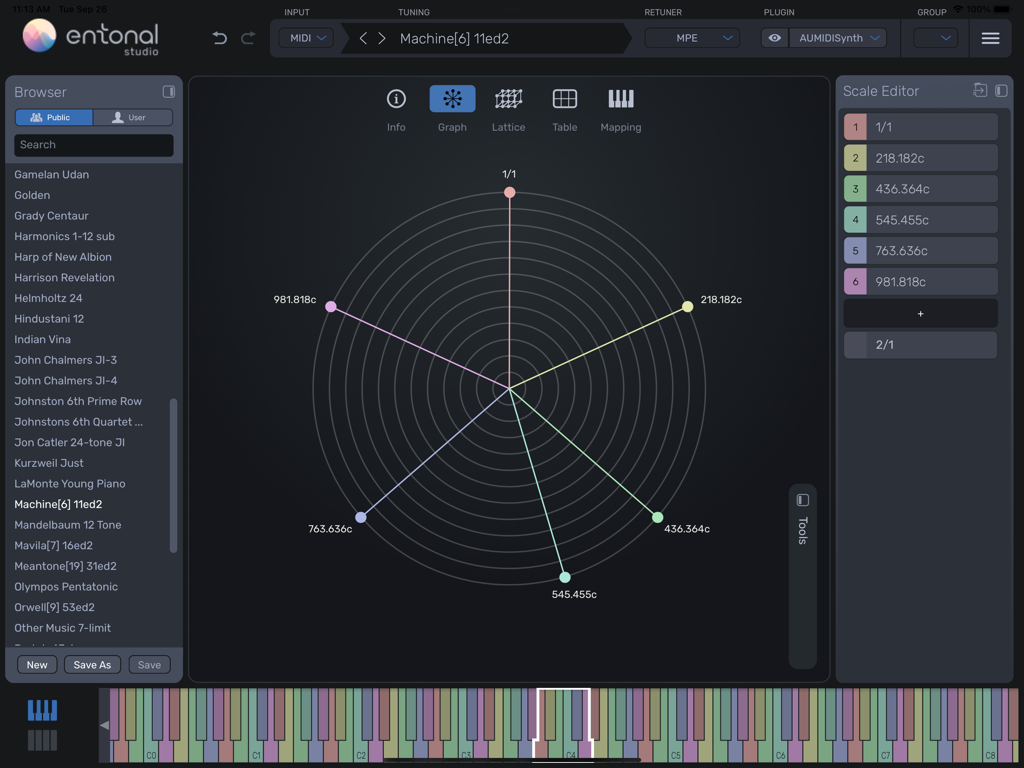 Entonal Studio - Interface do iPad do Entonal Studio mostrando um gráfico radial para visualizar escalas microtonais e um editor de escala detalhado