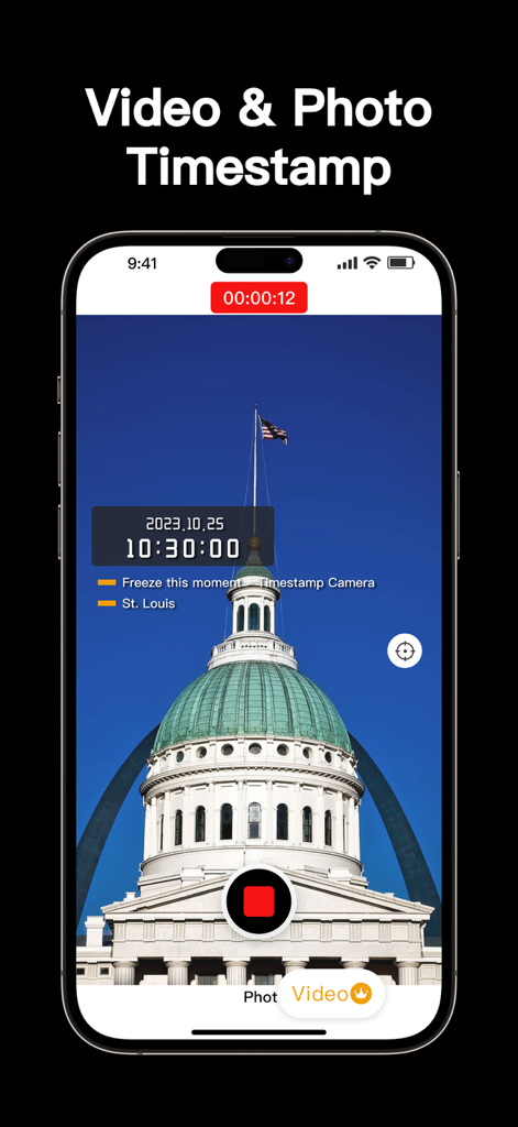 Timestamp Camera app recording video with a date and location overlay on a St. Louis building