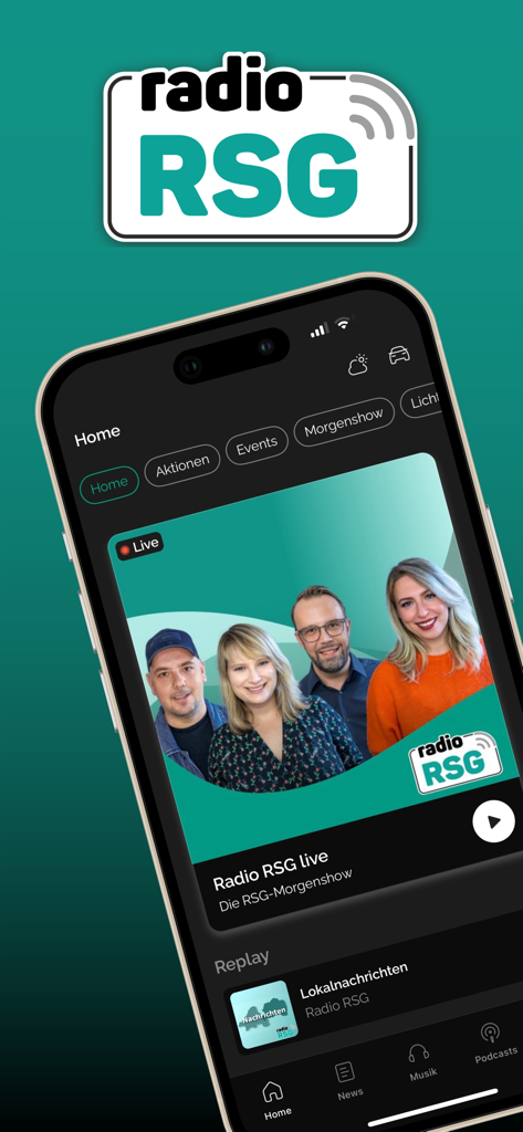 Radio RSG - Home screen of the Radio RSG app displaying the live morning show and navigation menu.
