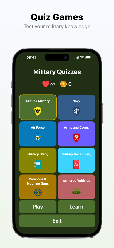 Apolyomai - 아폴로마이 모바일 앱 퀴즈 선택 화면, 해군, 공군, 무기 등 카테고리 포함