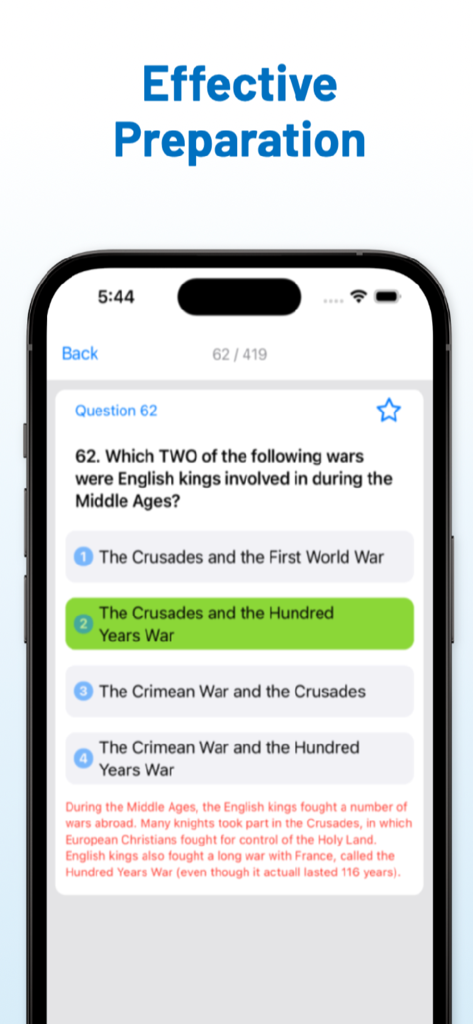 Life in UK: Exam 2026 - A practice question screen from the Life in the UK test app showing a history question with the correct answer and detailed explanation.