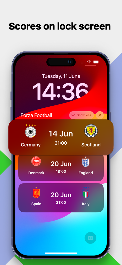An iPhone lock screen displaying Forza Football widgets with upcoming soccer match schedules for Germany vs Scotland and Spain vs Italy.
