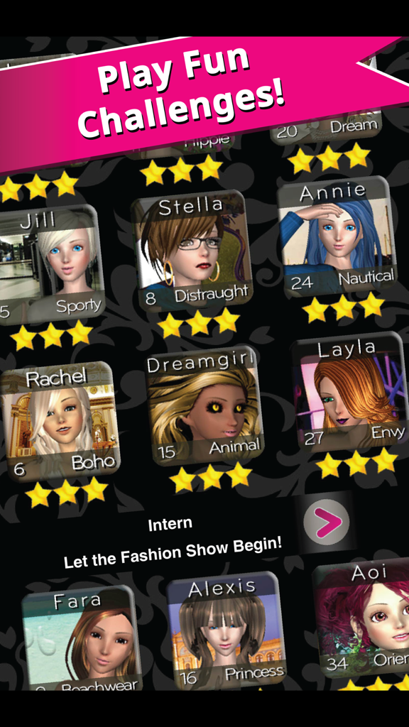 A screen showing various 3D fashion models and styling challenges with star ratings in the Style Me Girl app.