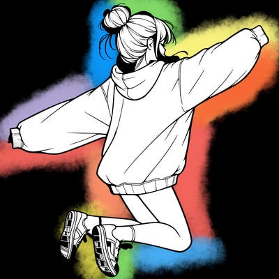 realistic girl jumping with a bun and oversized sweatshirt
