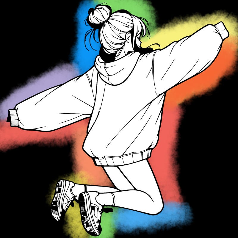 realistic girl jumping with a bun and oversized sweatshirt