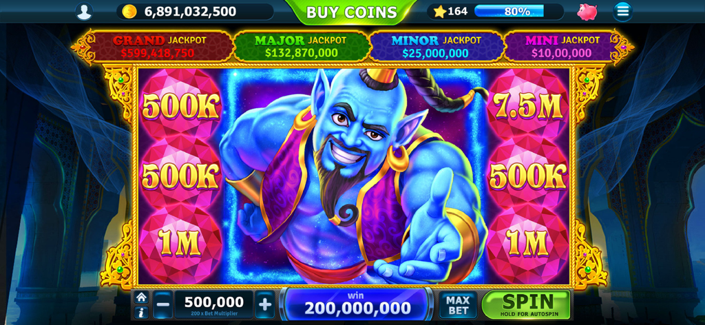 Slots of Vegas - Schermata di gioco di Slots of Vegas con un tema da genio e una vincita di 200 milioni di monete