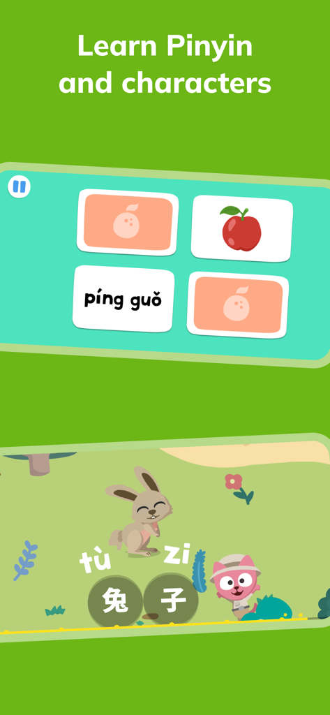 Interface de jogo interativo no aplicativo Studycat para aprender Pinyin e caracteres chineses com ilustrações fofas de animais.