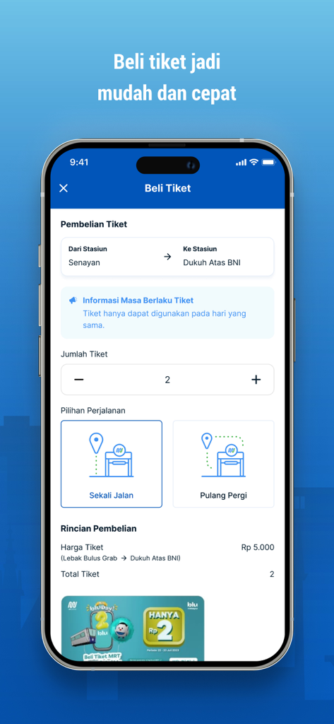 Mobile app interface for purchasing MRT Jakarta tickets showing route selection and quantity