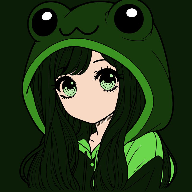 a pretty girl wearing a frog hoodie portrait with long hair