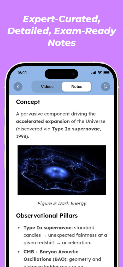 PrepAiro: UPSC CSE Prep 2026 - A mobile screen showing detailed UPSC study notes about Dark Energy and the expansion of the universe within the PrepAiro app