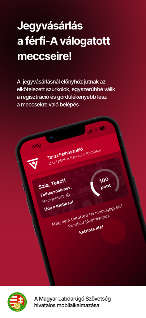 A smartphone screen displaying the MLSZ Szurkolói Klub app profile page with loyalty points for the Hungarian Football Federation