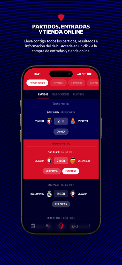 Osasuna Official App - 오사수나 공식 앱 인터페이스에 축구 경기 일정 및 점수 표시