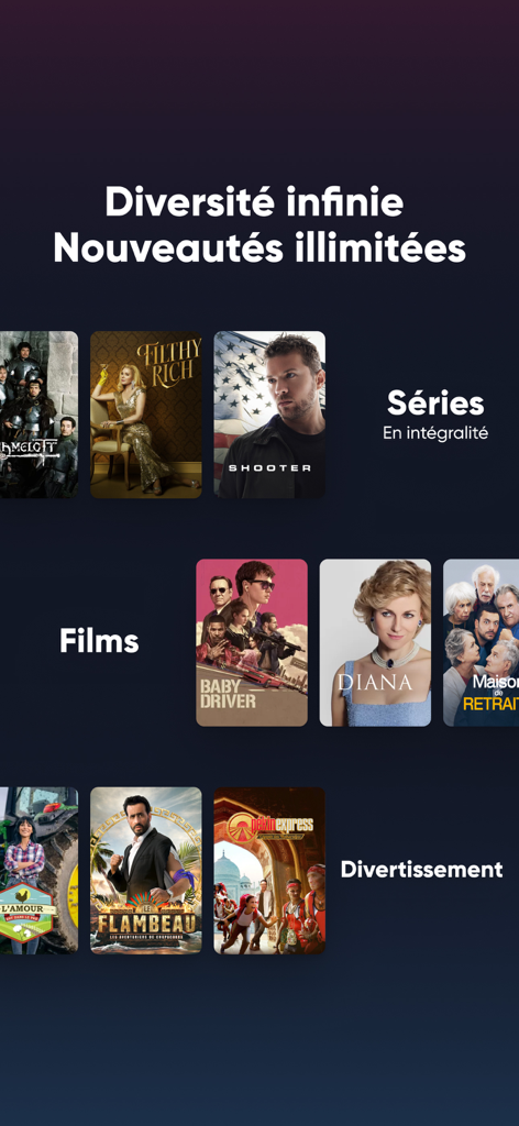 RTL play - Streaming et direct - RTL play app interface displaying categories for series movies and entertainment