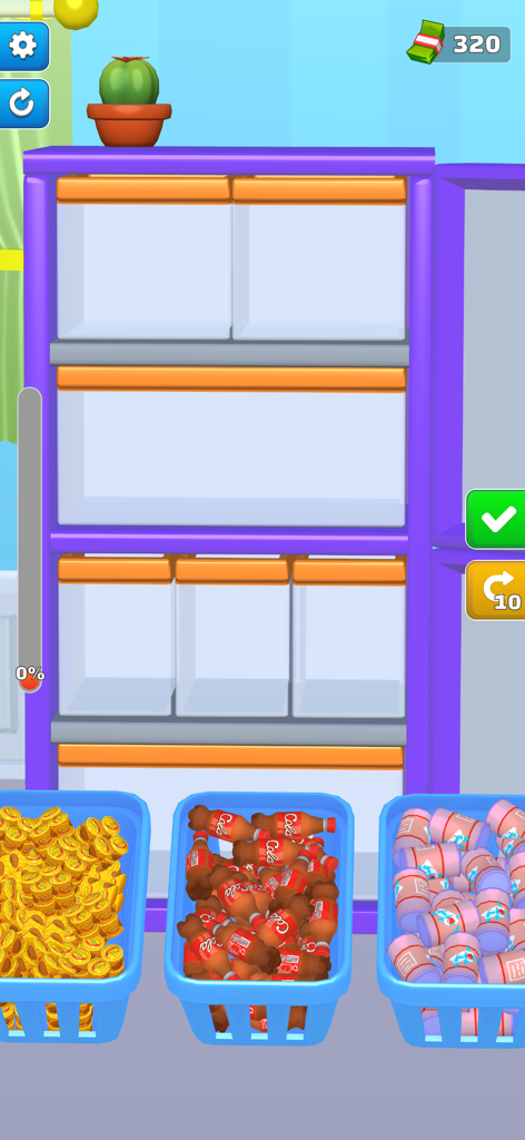 Stock the Fridge - Room Legend - Organizing groceries and beauty items into empty shelf compartments in a sorting mobile game.