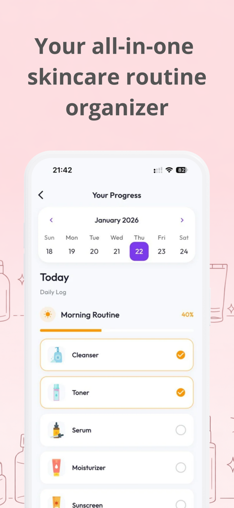 Eine mobile App-Oberfläche, die eine Checkliste für die morgendliche Hautpflege-Routine und einen monatlichen Fortschrittskalender anzeigt.
