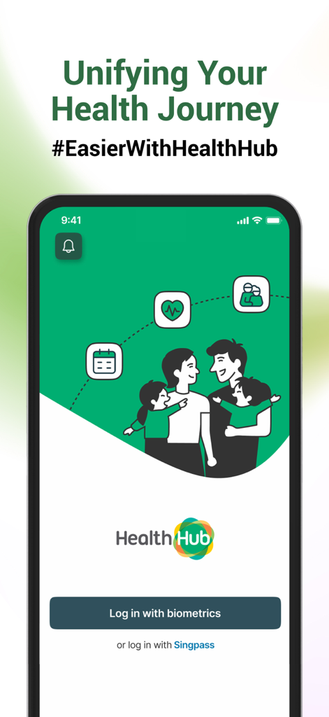 HealthHub SG - HealthHub SG app login screen featuring a family illustration and a biometric login button under the slogan Unifying Your Health Journey