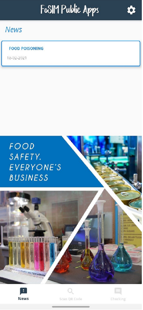 FoSIM Public Apps - Mobile app screen for FoSIM Public Apps showing food safety news and a laboratory themed banner.