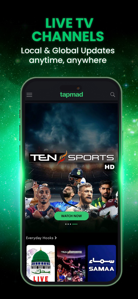 Tapmad mobile app showing Ten Sports HD and other live TV channels on a smartphone