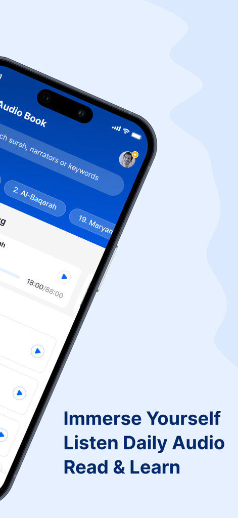 The Clear Quran Audiobook mobile app interface showing surah selection and audio playback controls on a smartphone.