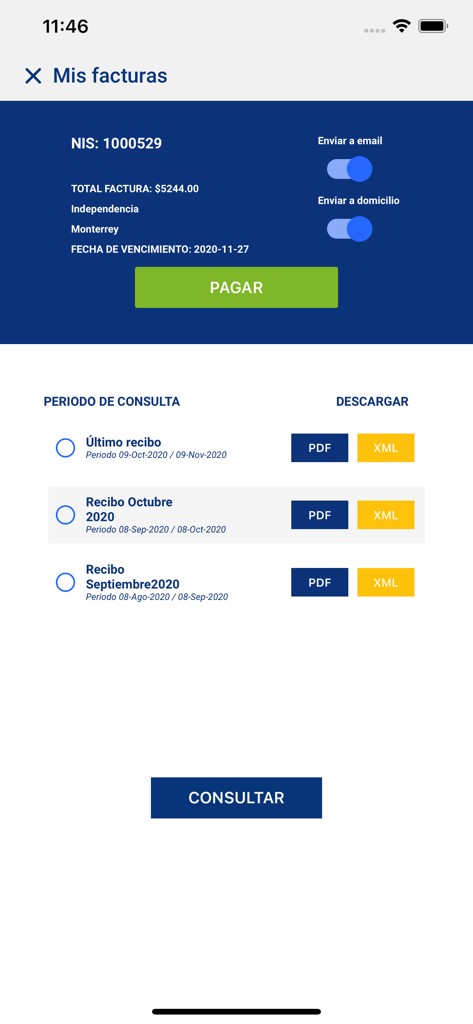 AYD - Captura de pantalla de la aplicación AYD que muestra los detalles de pago de facturas y el historial de facturas de servicios de agua en Monterrey