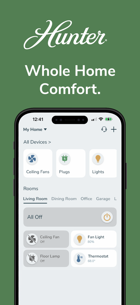 HunterSMART™ (SIMPLEconnect®) - HunterSMART app interface displaying smart home controls for ceiling fans and lights