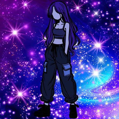 girl in baggy pants crop top and long hair