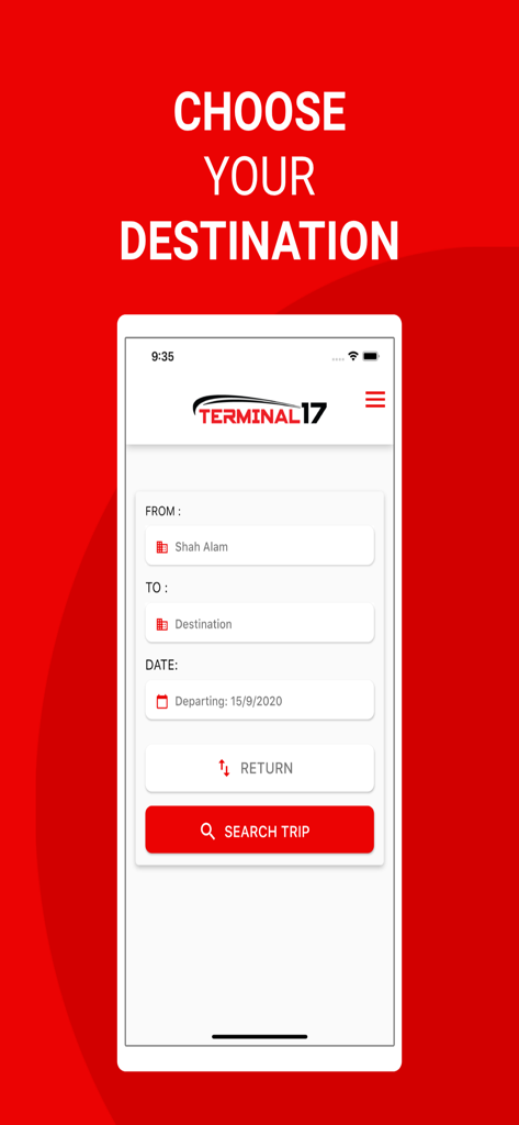 Terminal 17 Mobile - Screenshot of the Terminal 17 Mobile app showing the bus search screen where users choose their origin, destination, and departure date.