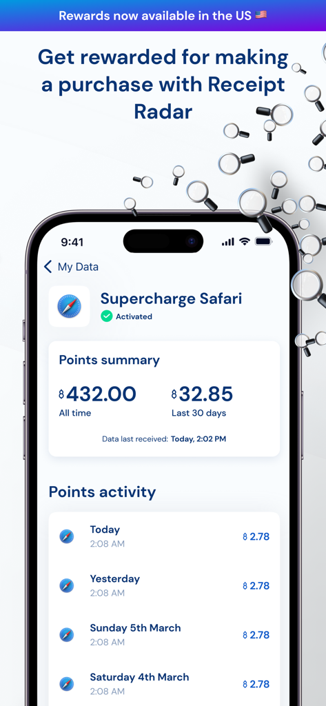 Gener8 - Earn From Your Data - Gener8 app dashboard displaying points summary and daily data activity rewards