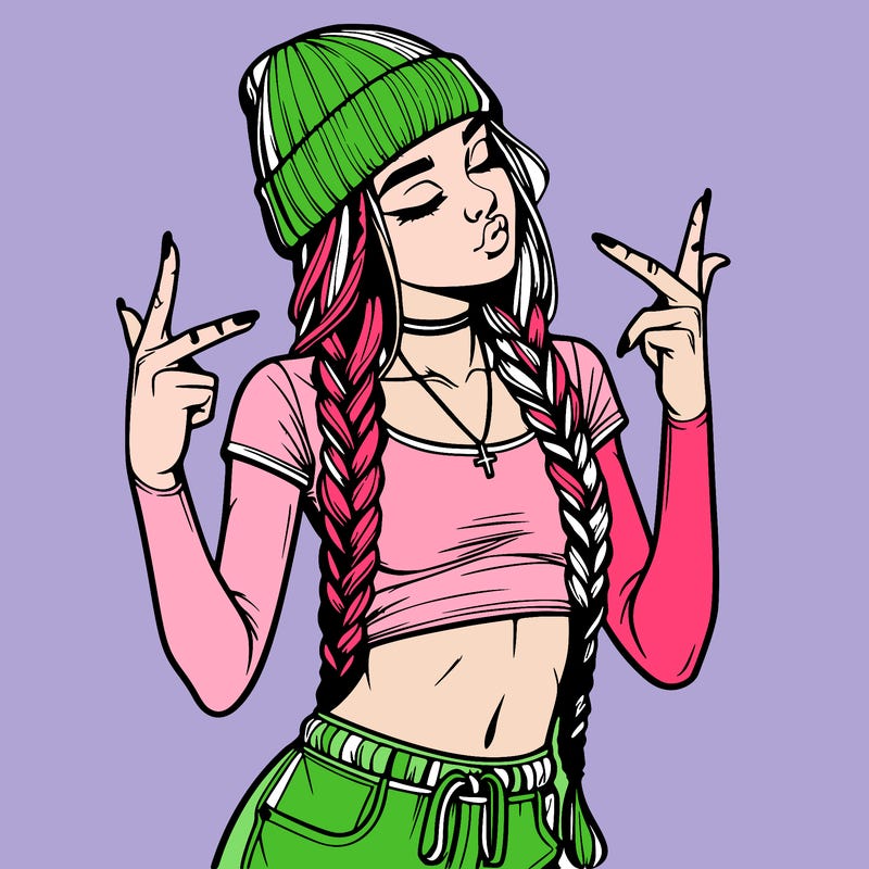 realistic teenage girl with braids and a beanie and crop top doing 🫶🏼