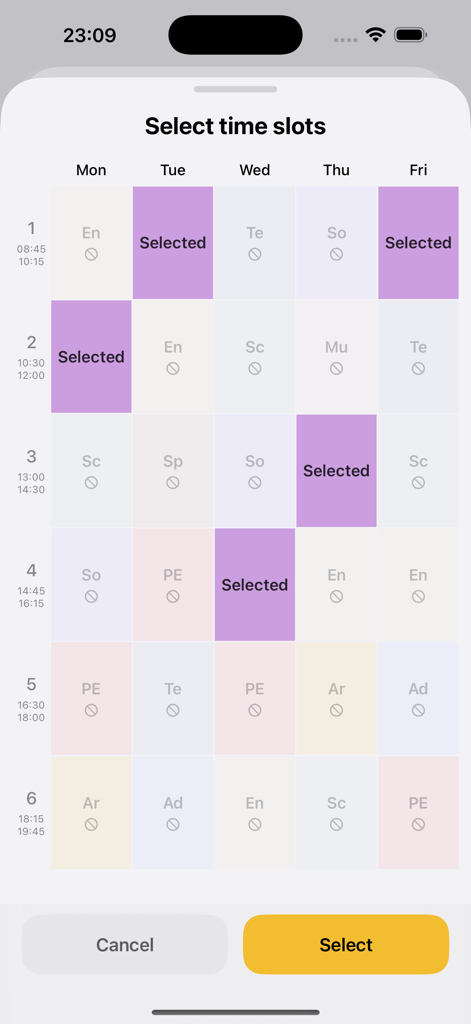 A screen for selecting specific class time slots in a weekly grid within the Timetable app.