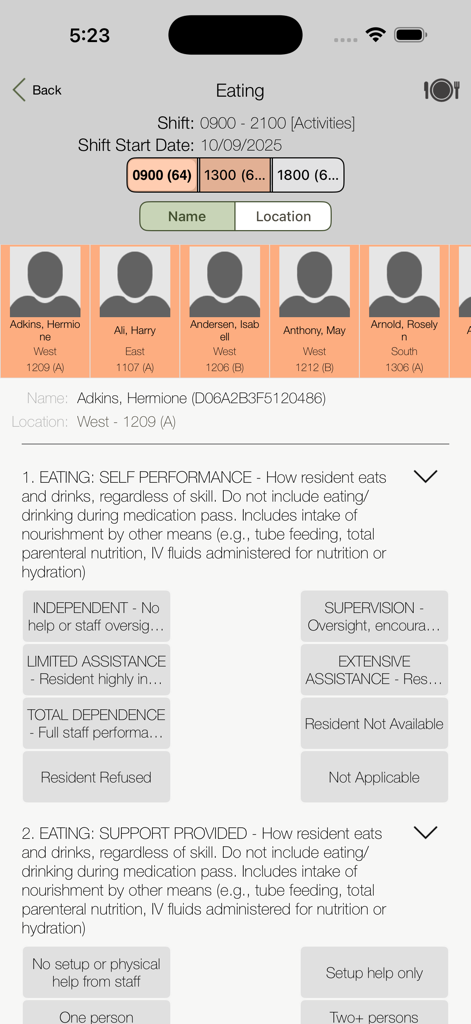 PointClickCare Point of Care - PointClickCare mobile interface for recording resident eating performance and staff assistance levels.